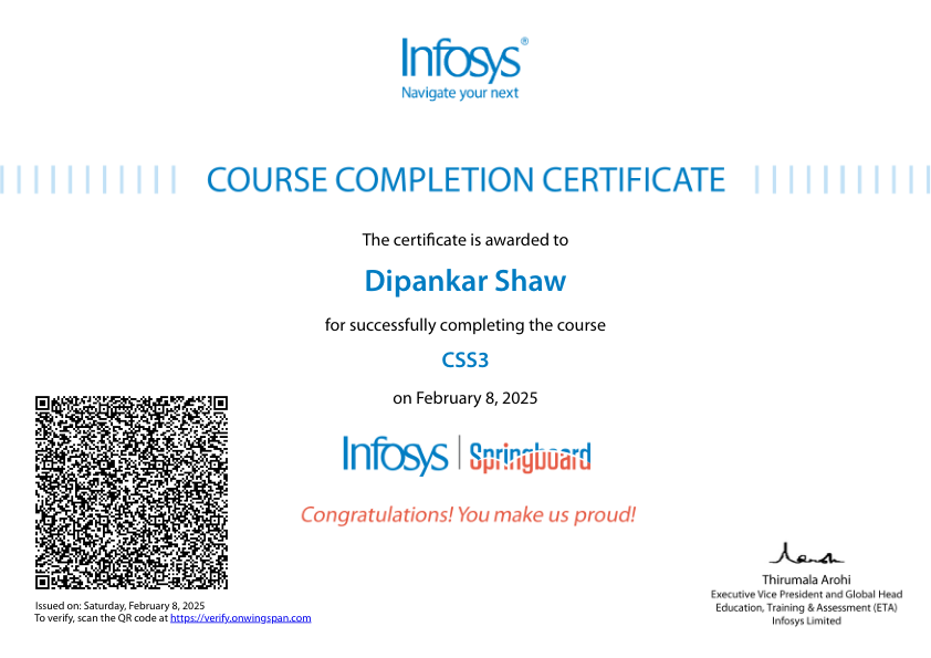 CSS Certificate from Infosys Springboard